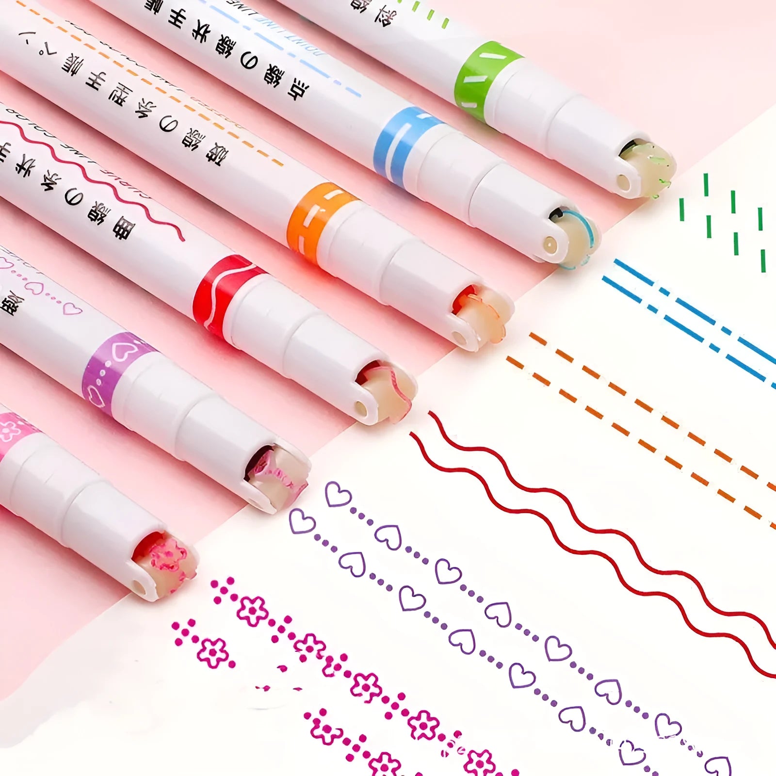 Creative curve pen roller outline set in plastic case with multiple line styles including thread, bend, love, and star patterns