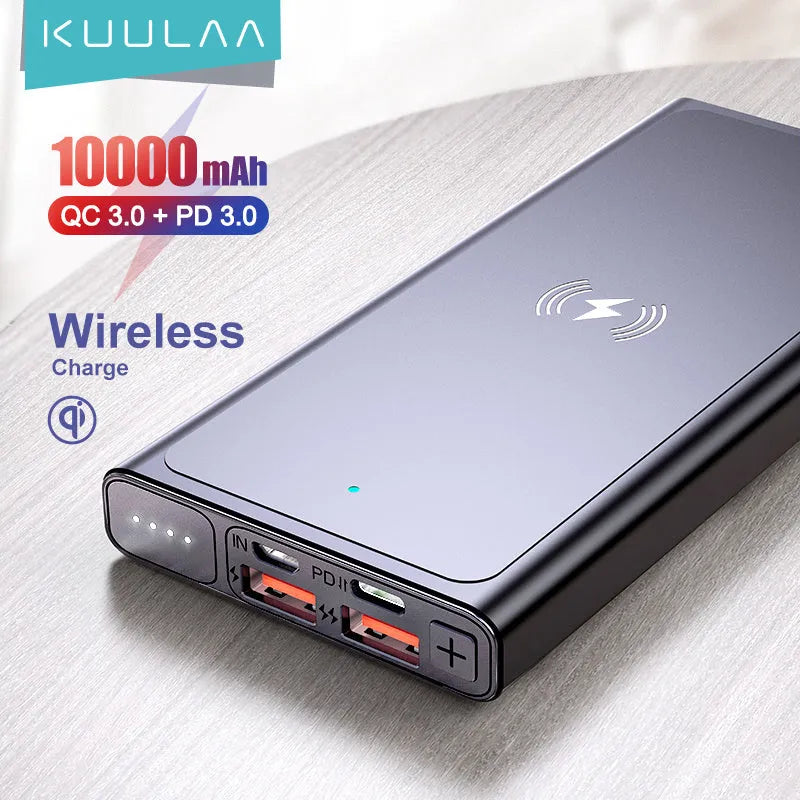 Black and blue square aluminium alloy wireless power bank with a capacity of 10000mAh