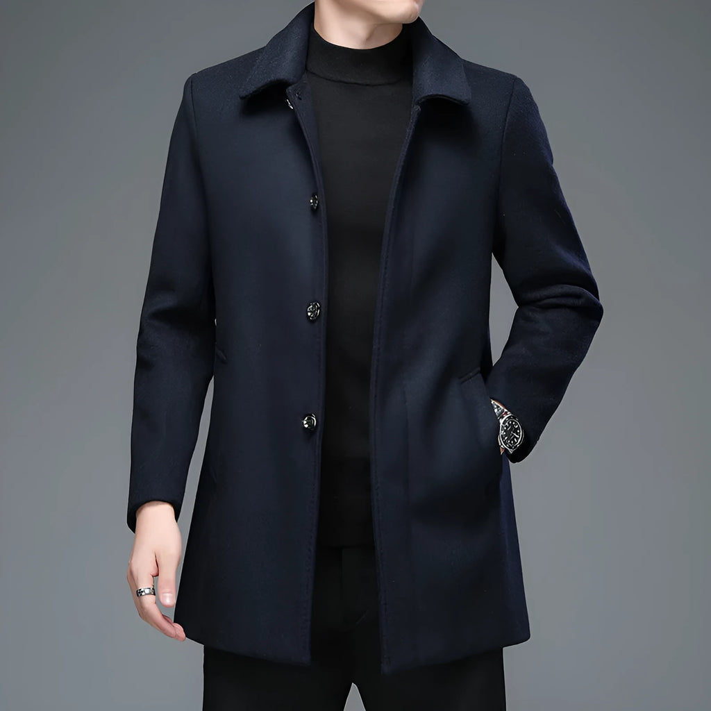 Mid-length Korean style trench coat with lapel collar and long sleeves in dark blue wool blend