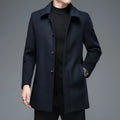 Mid-length Korean style trench coat with lapel collar and long sleeves in dark blue wool blend