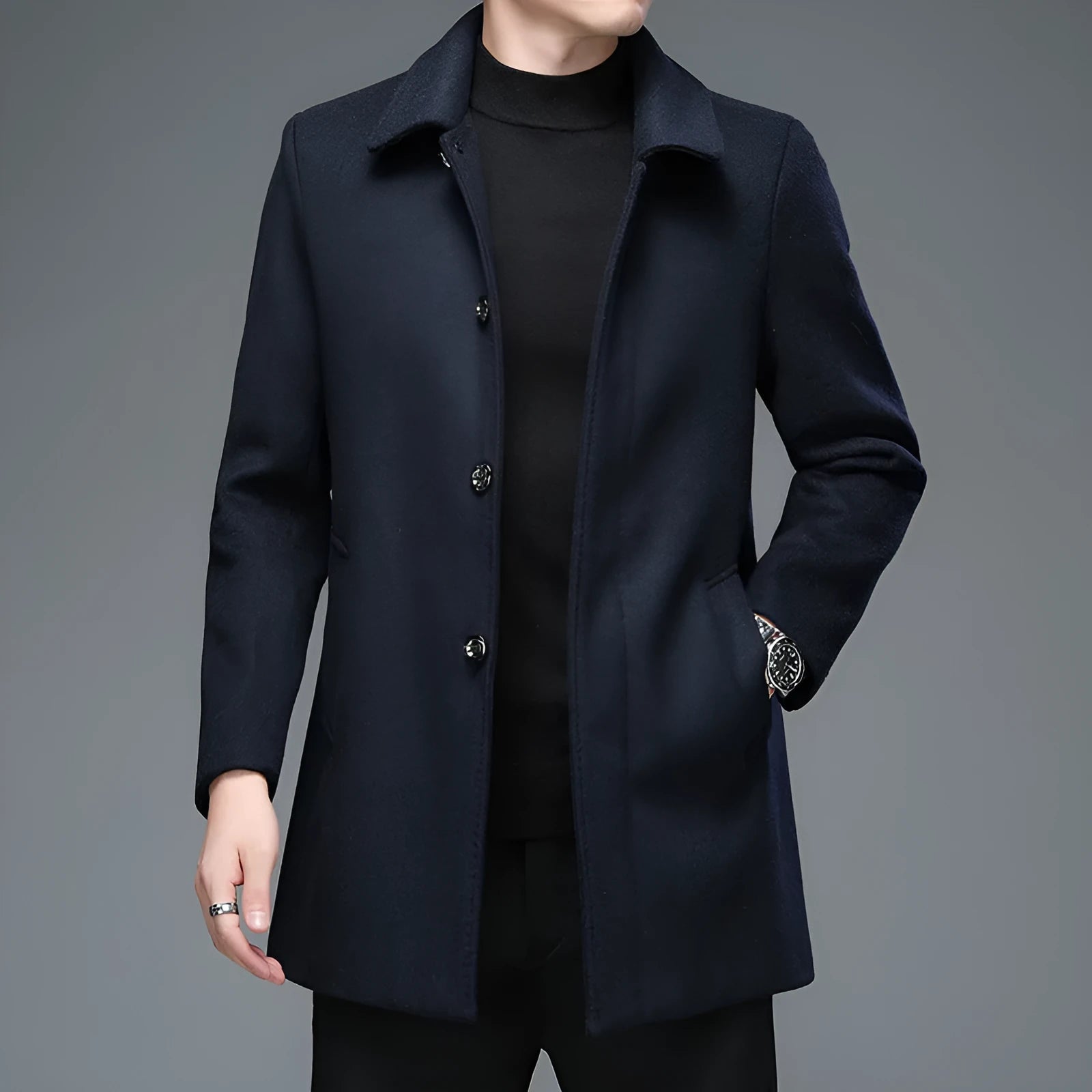 Mid-length Korean style trench coat with lapel collar and long sleeves in dark blue wool blend