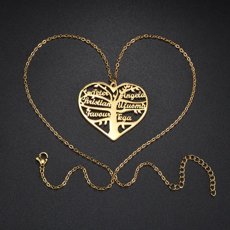 Customisable stainless steel name necklace with hollow heart and English letter lucky tree pendant.