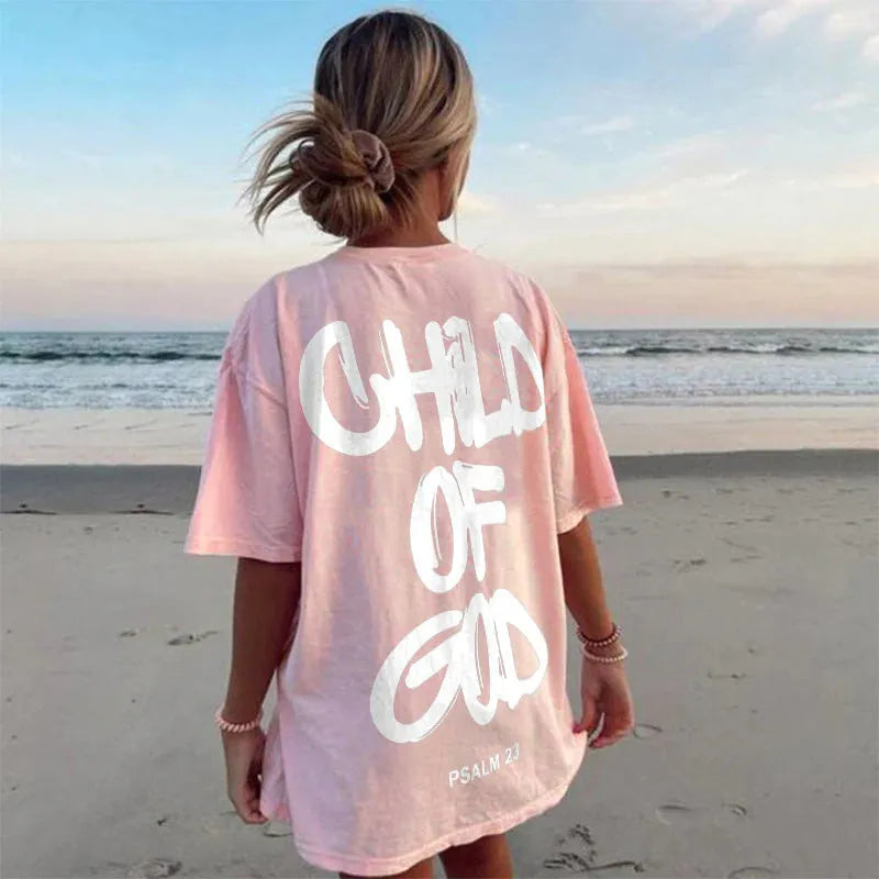 Child Of God print T-shirt in casual style, 100% polyester, round neck, short sleeves, summer top