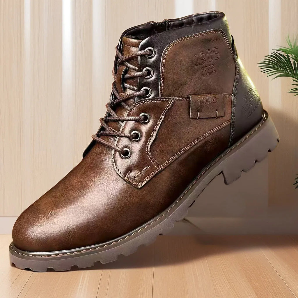 Men's brown casual ankle boot with a side zip and round toe on a rubber sole.