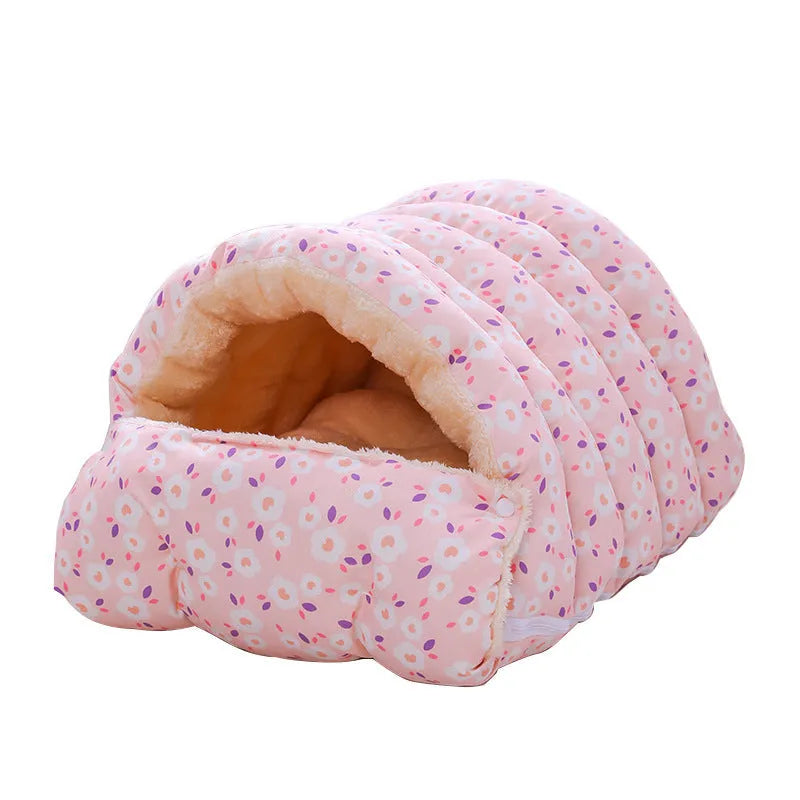 Enclosed winter cat bed with a removable cover shown in a floral pattern, suitable for cage or home use.