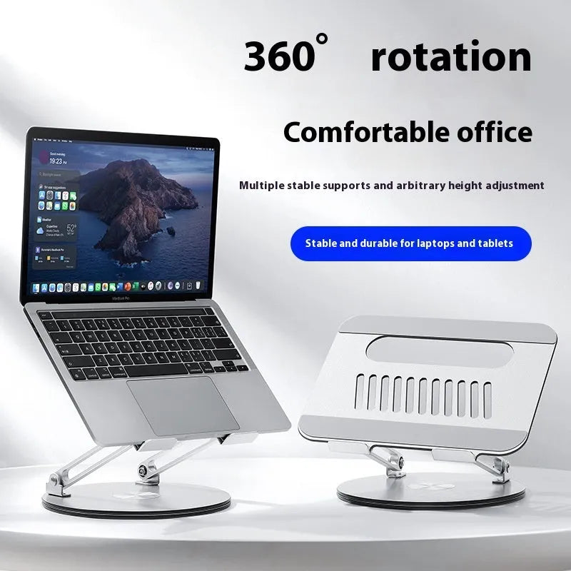 Silver aluminium alloy laptop stand in unfolded position showing rotatable base and height adjustment mechanism