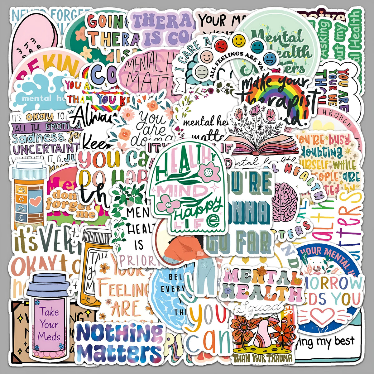 50 mental health graffiti stickers in English slogan designs, paper, 5.5-8.5cm, for phone cases and luggage