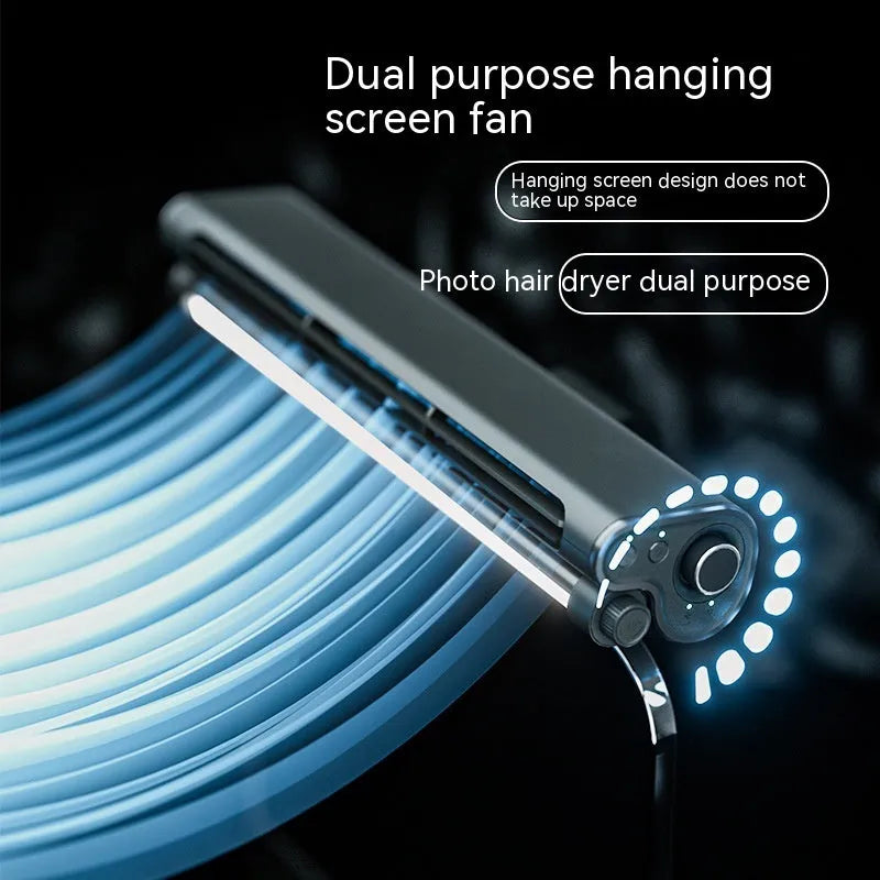 Black USB bladeless desk fan with a clamp, attached to a laptop screen, showing its integrated lighting lamp.