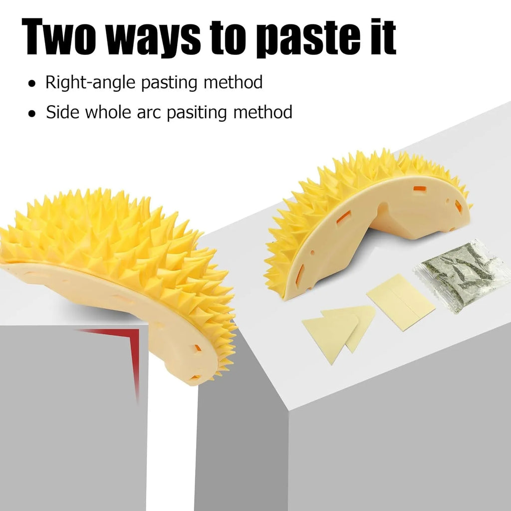 Yellow durian-shaped cat corner scratcher with textured surface and included mint powder packet