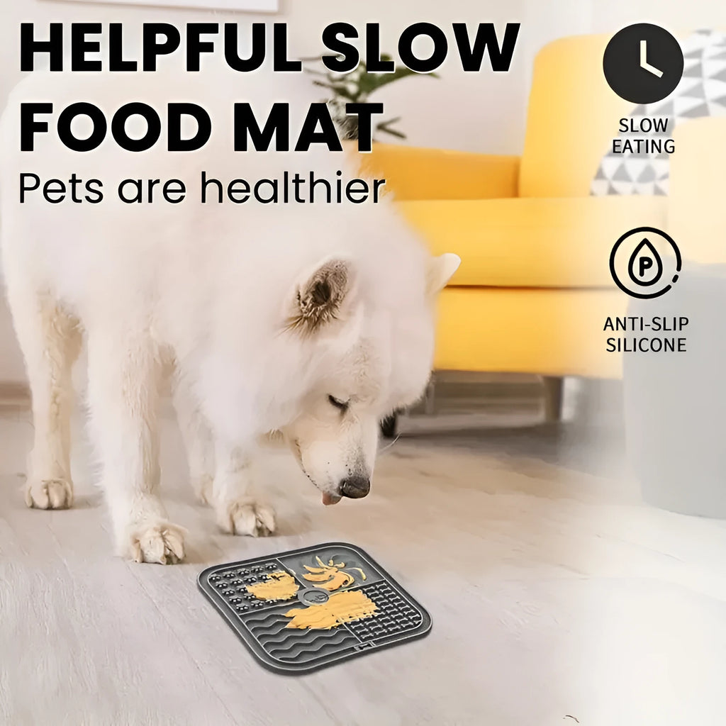 Bottom suction cup non-slip silicone pet slow food mat in gray, with suction cups visible underneath