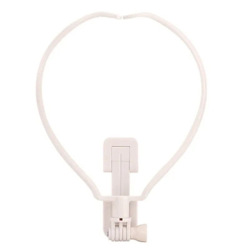 Black ABS plastic neck phone holder with adjustable mounting ring worn on a person.