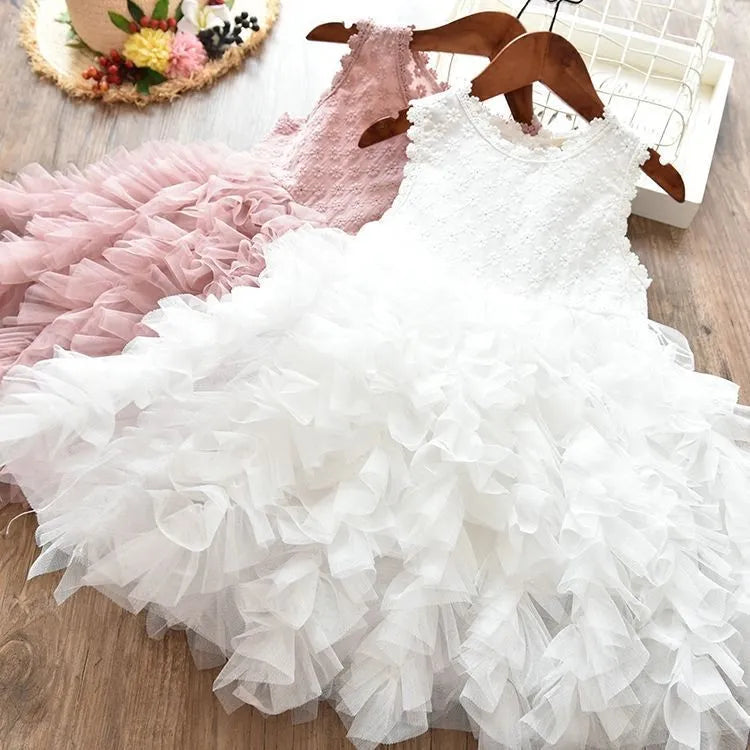 Children's white hollow lace long-sleeved princess dress cotton blend for autumn and winter