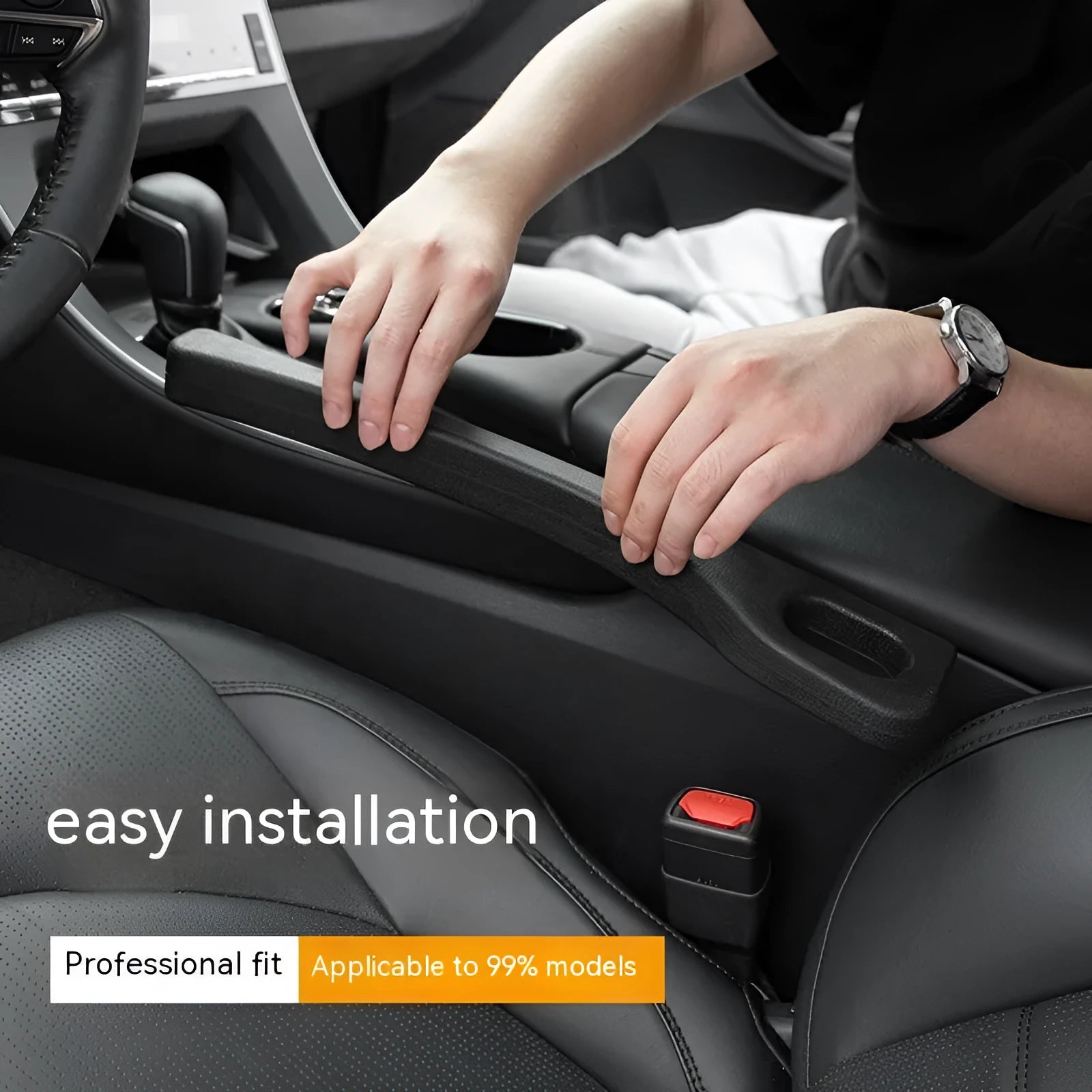 Car seat gap sealing strip in four colour options showing waterproof polyresin construction with carrying handle