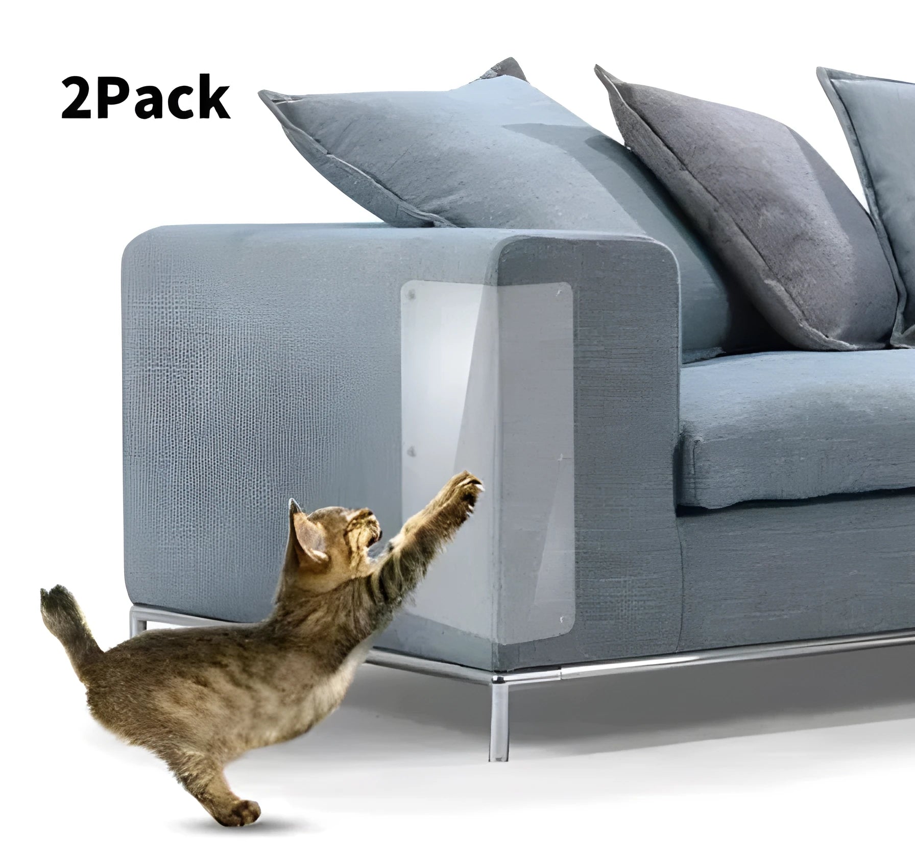 Two transparent PVC self-adhesive cat claw protector pads on a leather sofa arm, each 47x15cm