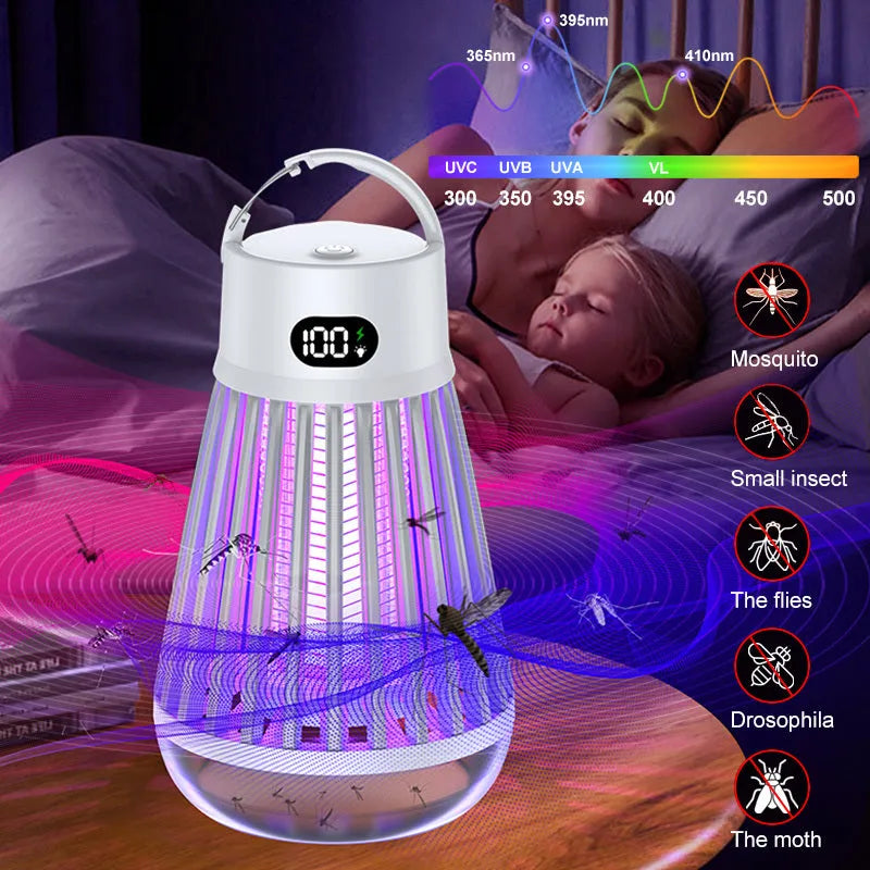 Digital display mosquito killer lamp with electric shock grid, white colour, on a tabletop with USB cable