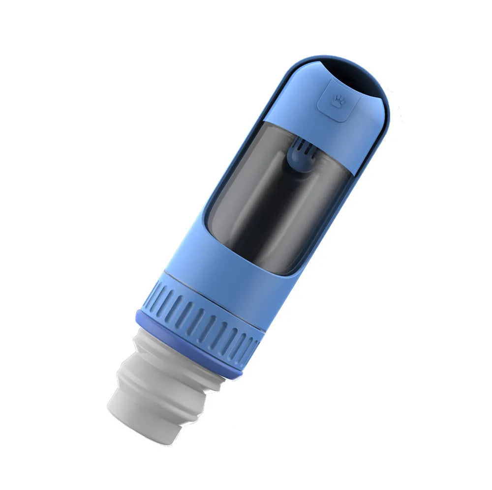 Dark blue portable dog water bottle with attached drinking bowl, shown with measurements.