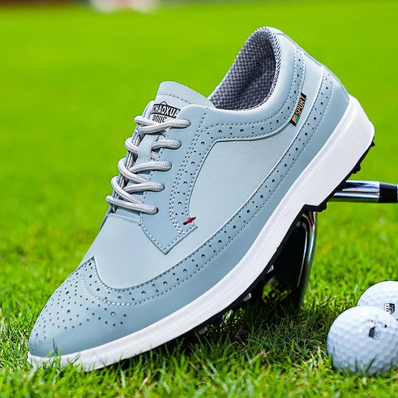 Men's genuine leather golf shoe with non-slip rubber outsole in Lake Blue or White.