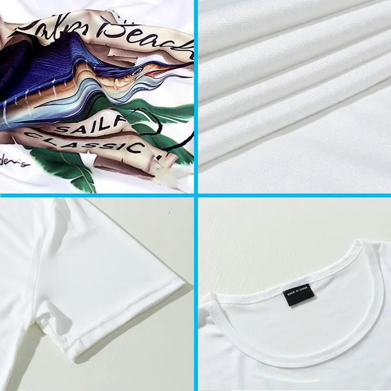 White short sleeve polyester T-shirt with forest bear and letter print for men