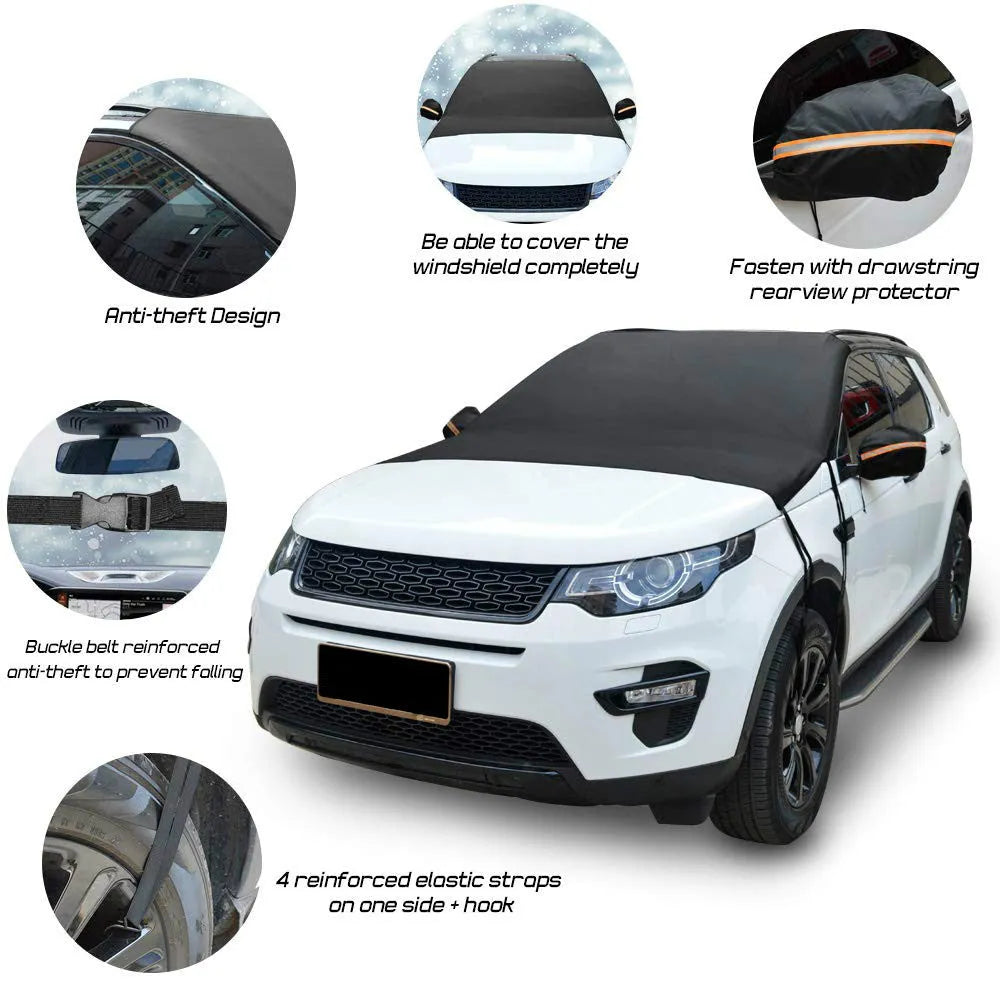 Black 210T polyester car windshield snow cover with six elastic bands, 205x150cm, for outdoor parking