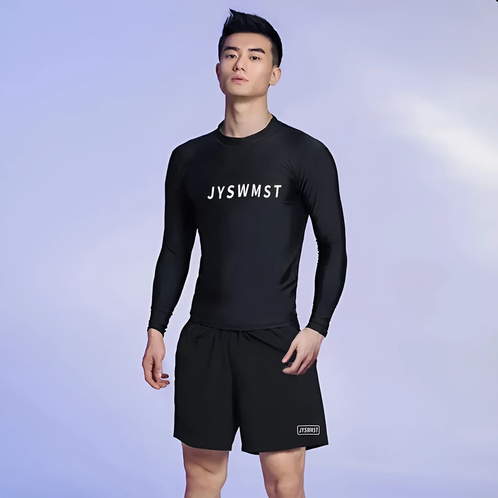 Men's patterned plus-size swim trunks with top and pants in polyester fabric