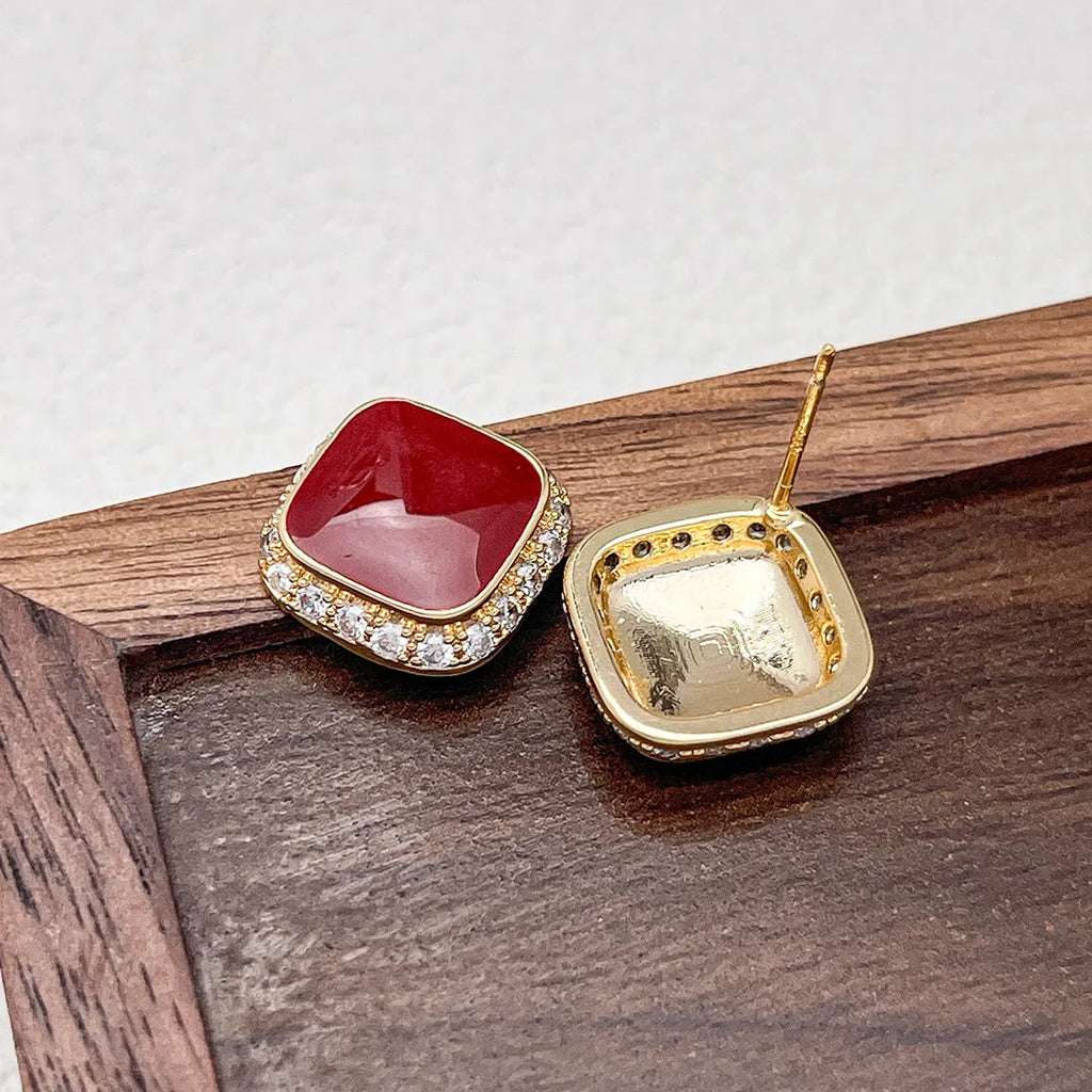 Retro red square geometric earrings with simple inlaid design