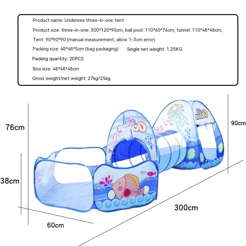 Children's three-in-one tent play set with ball pool and tunnel in marine theme
