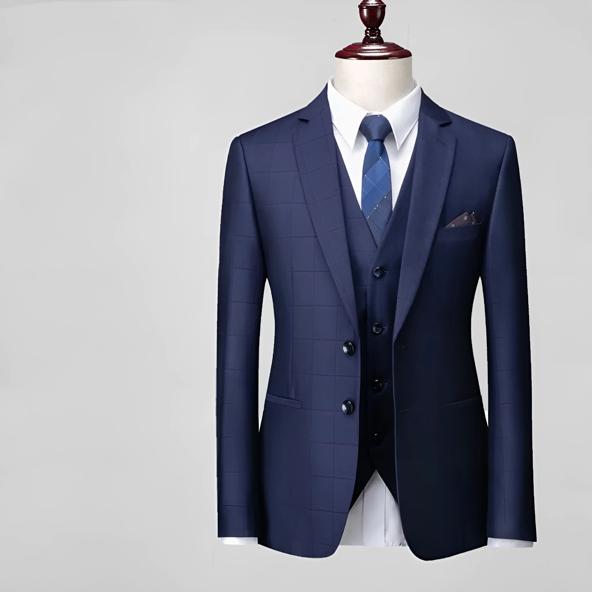 Men's navy blue plaid slim fit three-piece business casual suit with vest, jacket and trousers