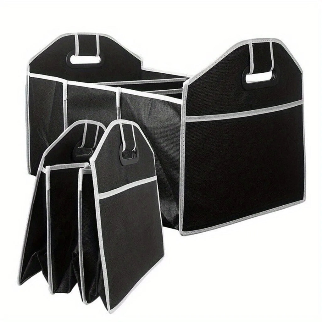 Black large capacity car multi-pocket trunk organizer with foldable lid in vehicle trunk