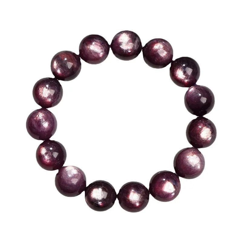 Natural purple lepidolite crystal bracelet with polished round beads, showing different size options.