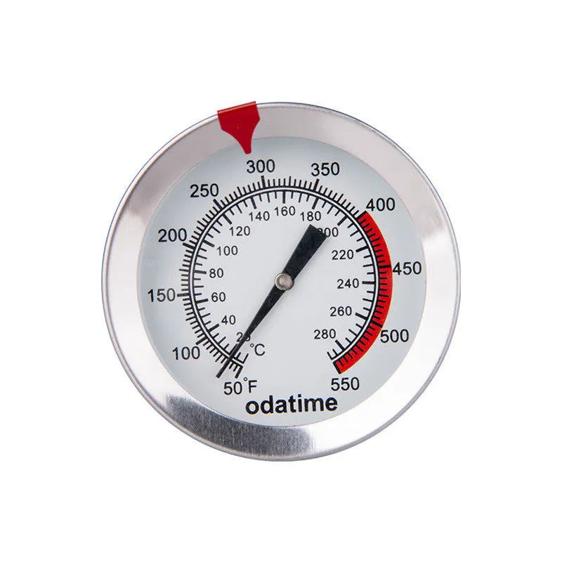 Digital food thermometer with stainless steel probe showing temperature display and hygrometer reading