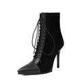 Women's suede pointed toe ankle boots with stiletto heel, back zipper, drawstring patchwork, in black brown or wine red