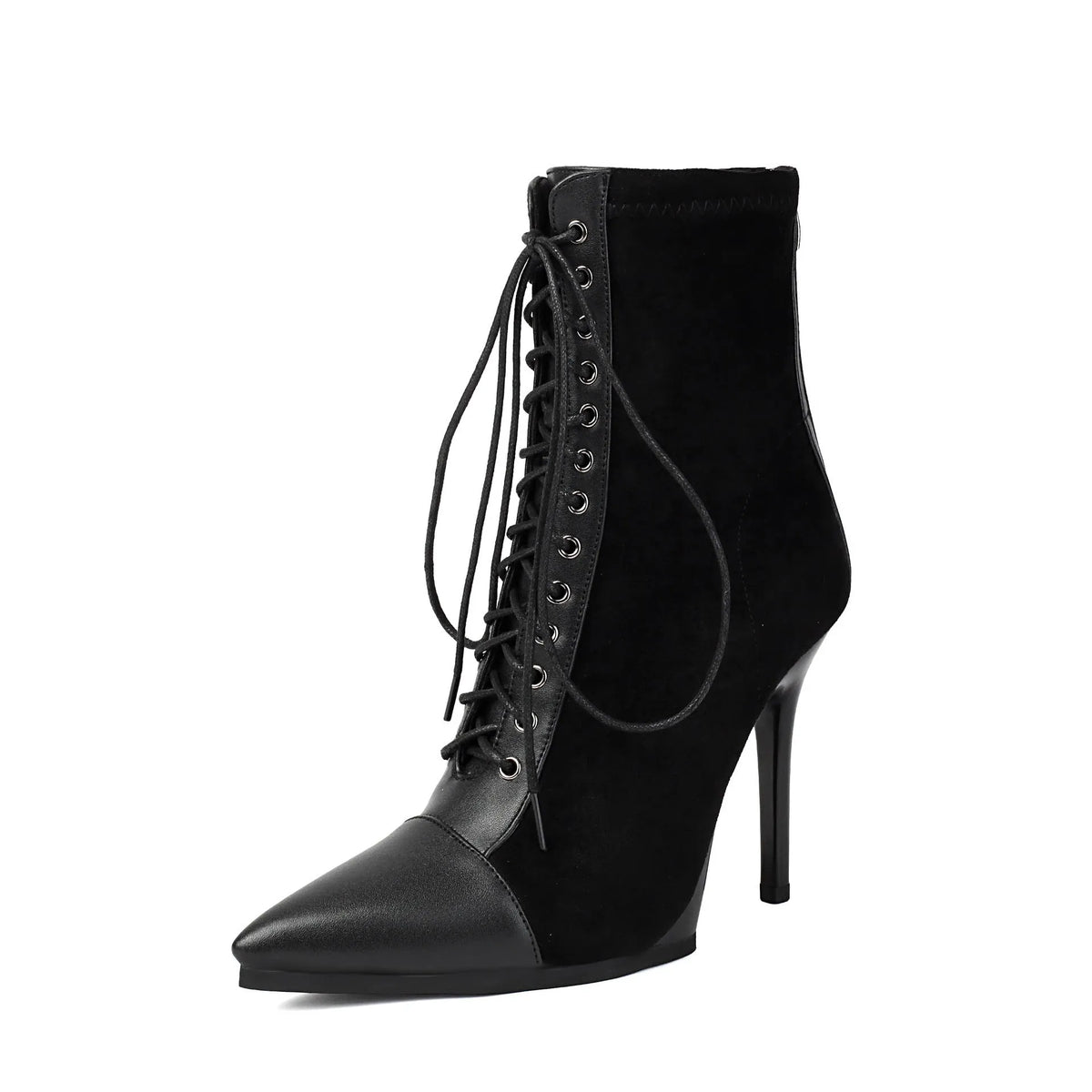 Women's suede pointed toe ankle boots with stiletto heel, back zipper, drawstring patchwork, in black brown or wine red