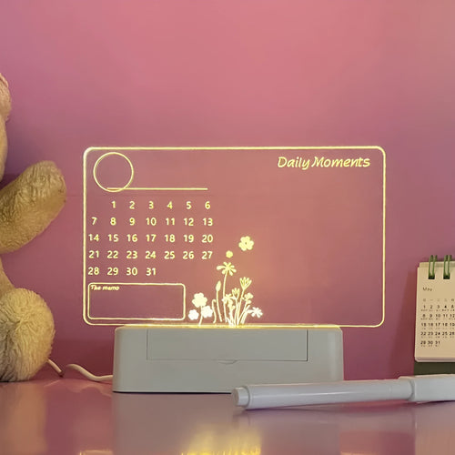 Acrylic bedside message writing board night light with LED calendar light sheet and pen on square base