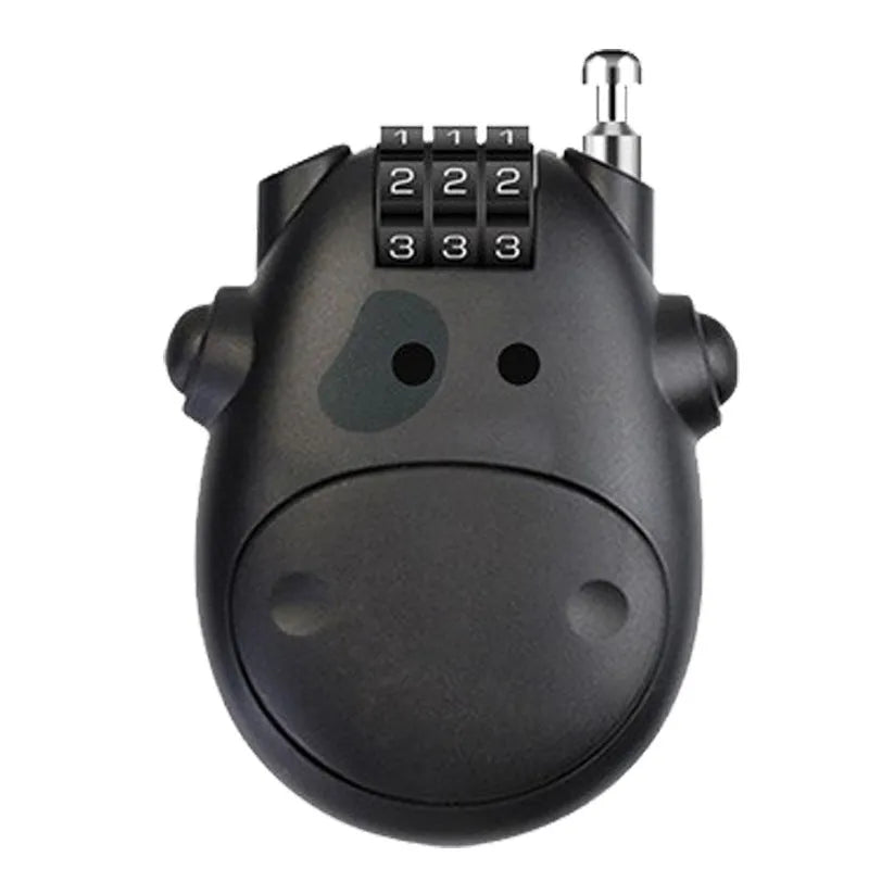 Retractable bicycle and motorcycle helmet lock with steel cable and ABS plastic housing in black cow style