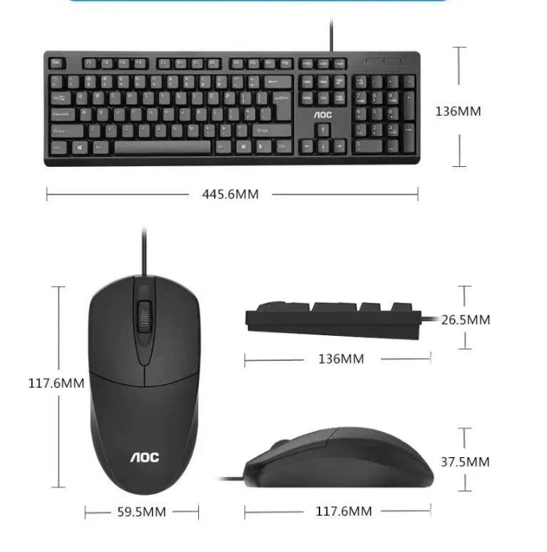 Black KM160 USB wired keyboard and mouse set with photoelectric 1000dpi mouse and 1.5m cable
