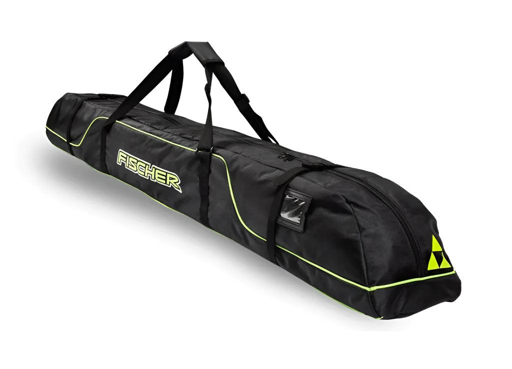 Ski gear bag made from waterproof Oxford fabric shown in open position with ski equipment inside