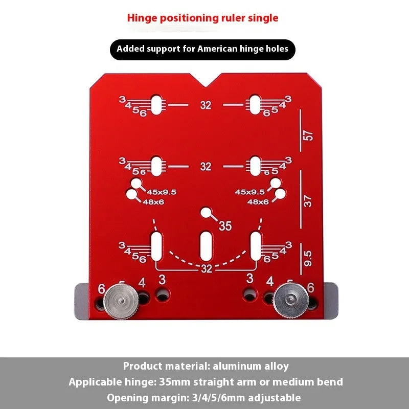 Red aluminium alloy hinge locating rule tool for 35mm cabinet hinges with adjustable margin settings