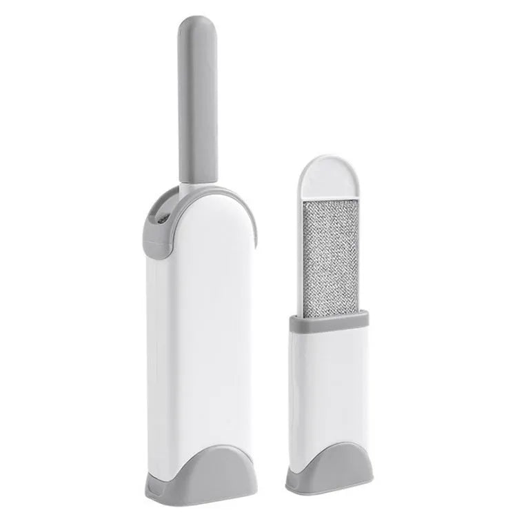 Electrostatic hair removal brush with polyester yarn bristles, two sizes and colour options, on a fabric surface