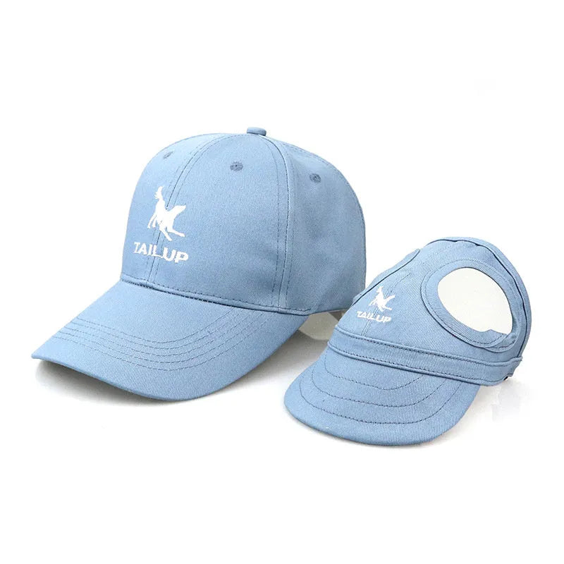 Canvas pet baseball cap for dogs and cats with adjustable buckle and Velcro, available in black, blue, pink and red, sizes S to XL.