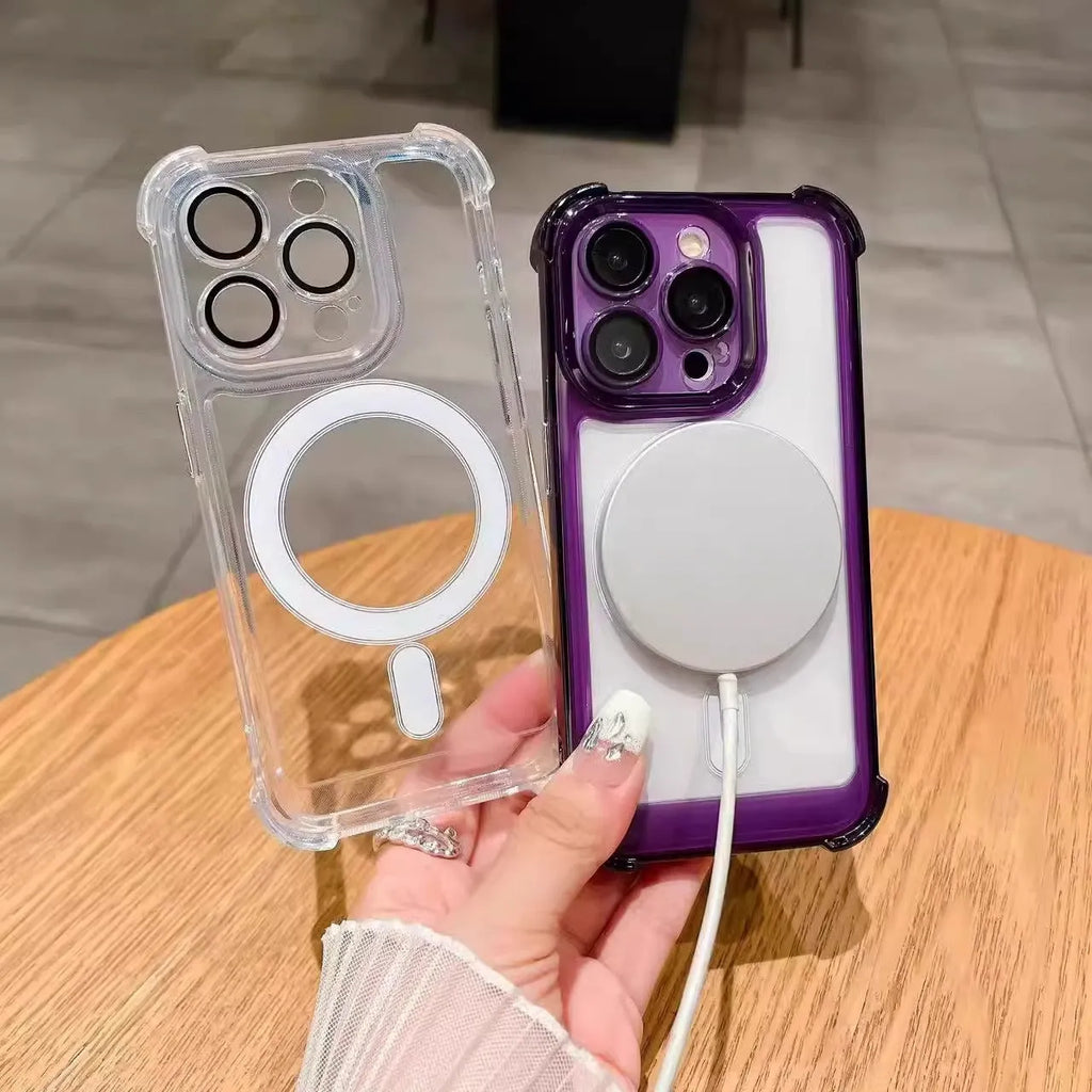 Transparent airbag phone case with magnetic suction and lens protector for iPhone