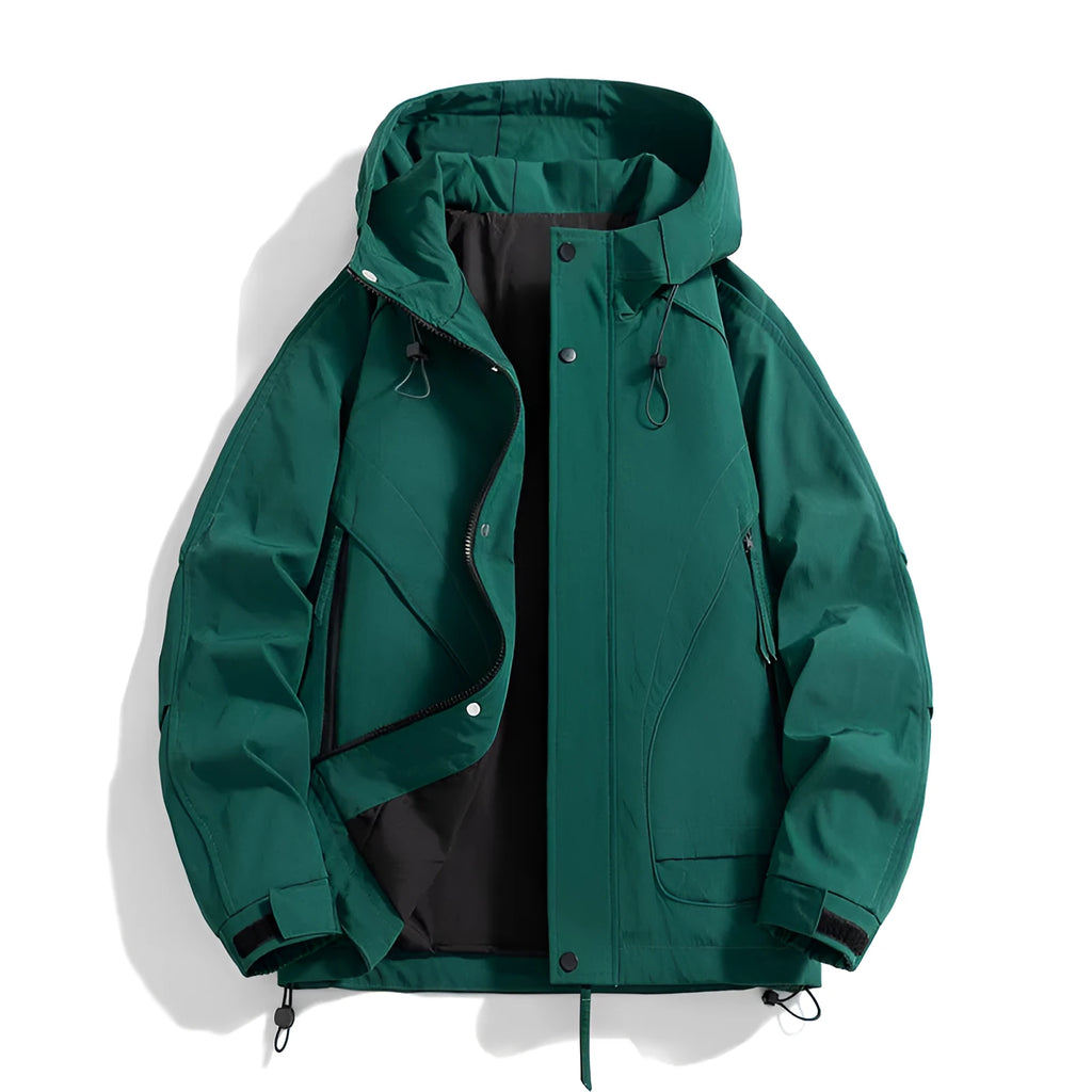 Rabbit fur hooded jacket in loose fit, shown in one of four colours: black, duck shit green, ivory white, or phantom green.