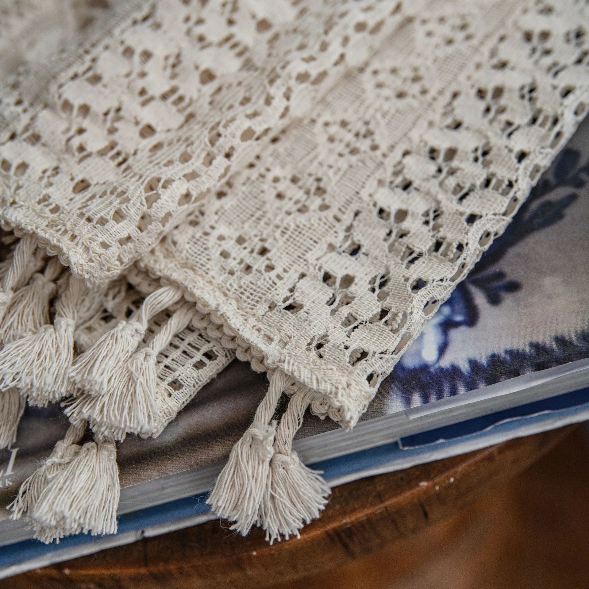 Translucent American country hollow crochet curtain made from 60% cotton in a rice broom colour