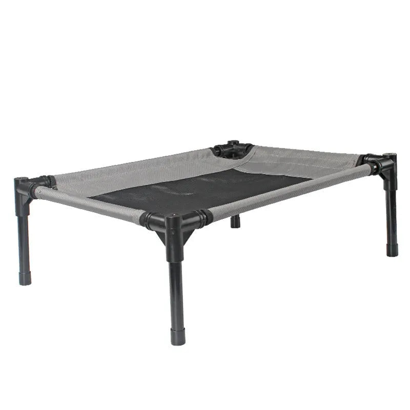 Outdoor camping dog bed with steel frame and removable oxford cloth cover shown in black colour