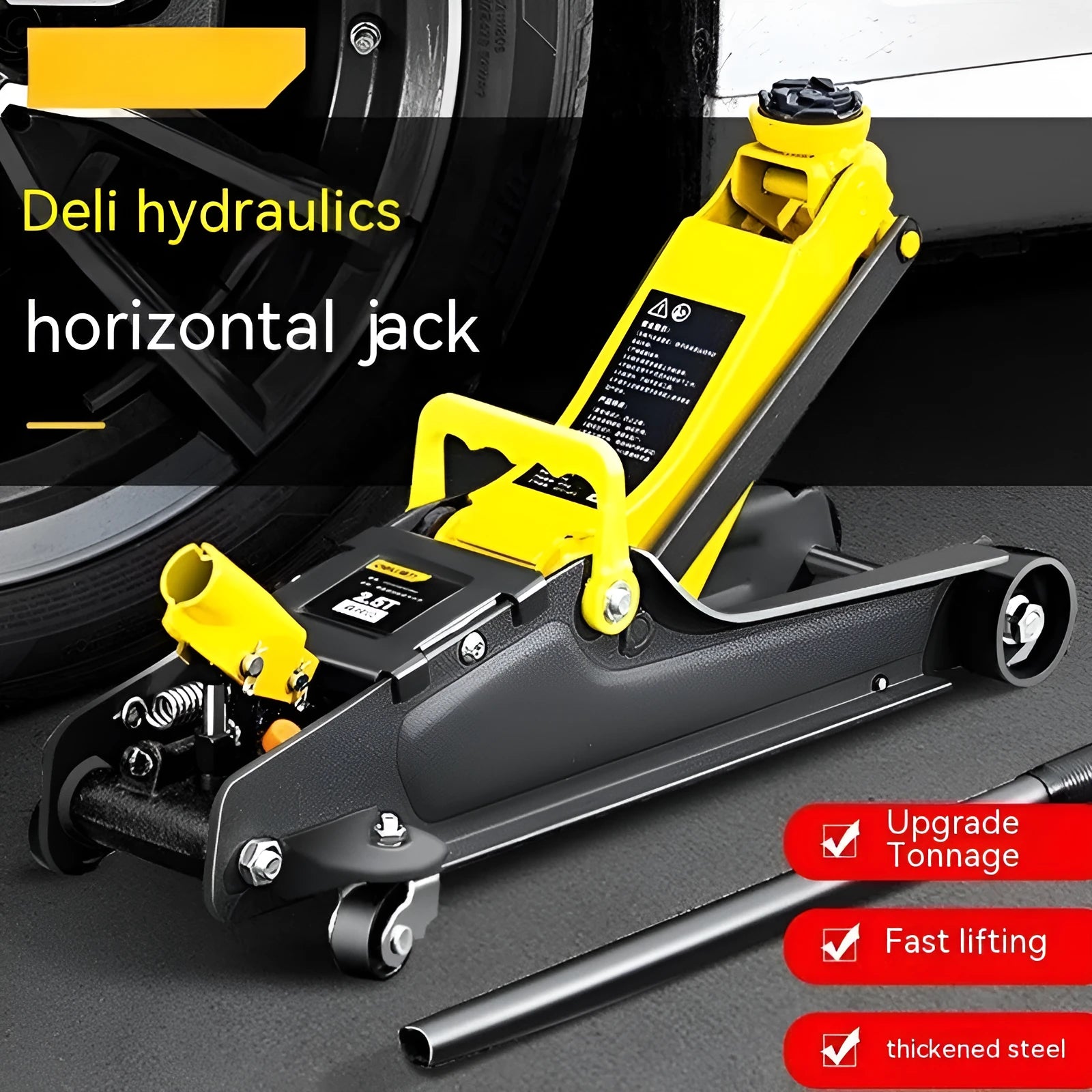 Horizontal hydraulic low car jack with handle for vehicle tyre changes