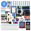LAFVIN Arduino UNO R3 super starter kit with blue board, breadboard, and numerous electronic components.