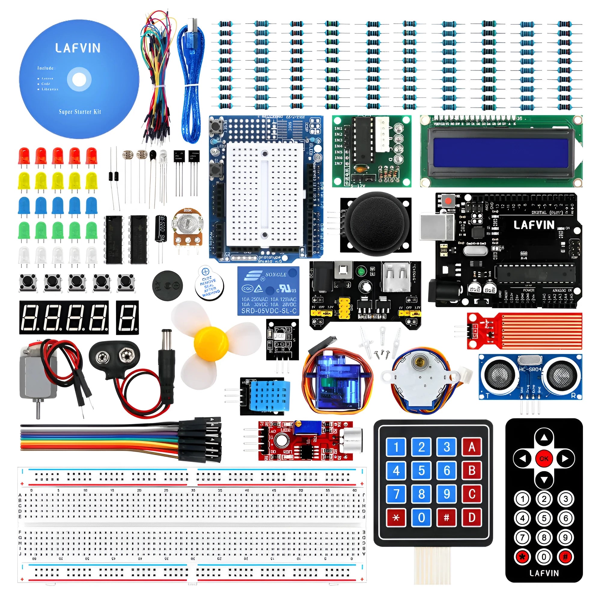 LAFVIN Arduino UNO R3 super starter kit with blue board, breadboard, and numerous electronic components.