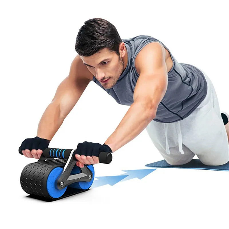Double wheel abdominal exerciser with automatic rebound and blue kneeling pad on a dark surface