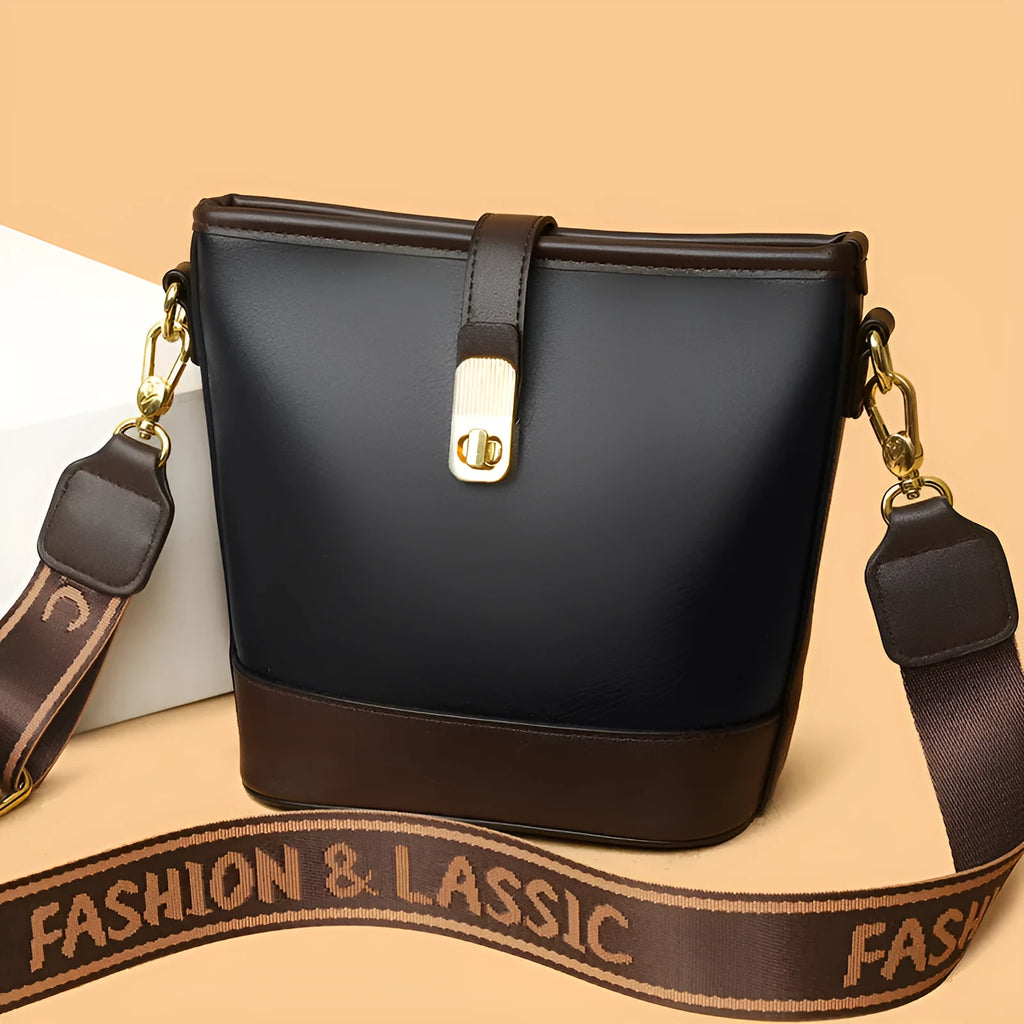 Korean style black bucket bag with multiple compartments and double shoulder straps