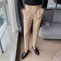 Straight-leg casual trousers in polyester fabric shown in a solid colour on a model.