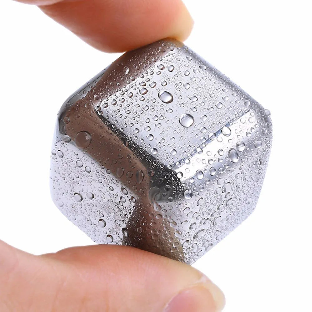 Stainless steel whiskey chilling stones in square, ball, diamond, and heart shapes with handling clip